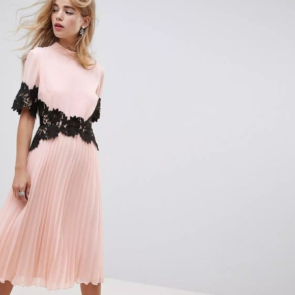 ASOS Dresses & Skirts - ASOS Design Lace Waist And Cuff Petal Pink Pleated Midi Dress 8